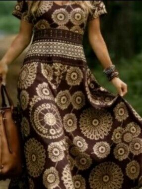 Bohemian Brown Maxi Dress with Cream Medallion Print Size 2xl